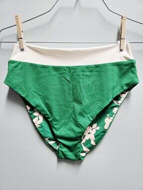 NWT Lands' End Green Floral Swimsuit Bottoms Reversible Solid Green High Waist
